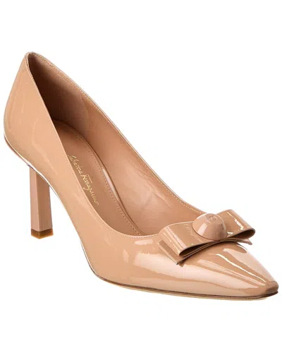 Ferragamo Katrin Patent Bow Pumps In Almond