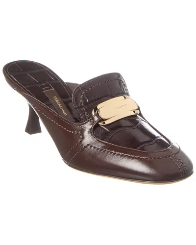 Ferragamo Kitten Heel Leather Mule In Brown