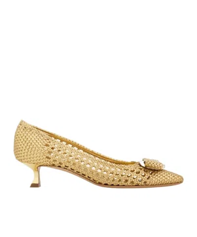 Ferragamo Kitten Heel Pump With New Vara Plate In Gold