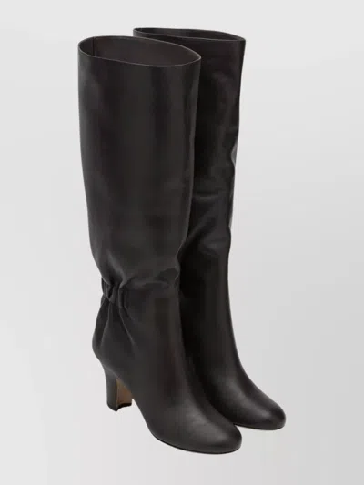Ferragamo Knee-high Ruched Leather Block Heel Boots In Black