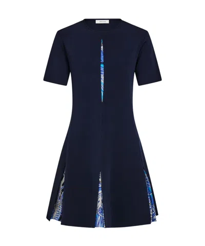 Ferragamo Knit Dress With Printed Inserts In Blue