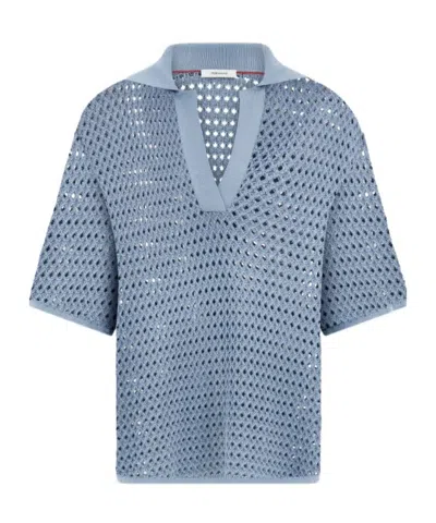 Ferragamo Open Knit Polo Shirt In Blue