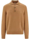 Ferragamo Long Sleeved Camel And Silk Polo Shirt In Brown