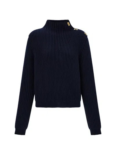 Ferragamo Knitted Sweater With Gancini Button Detail In Blue