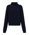 Ferragamo Wool Blend Sweater Button Shoulder Mock Neck In Blue