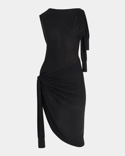 Ferragamo Knotted Sleeveless Silk-cotton Knit Midi Dress In Nero.