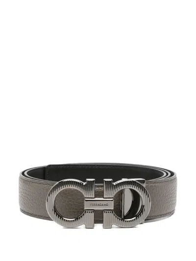 Ferragamo Reversible Leather Belt With Textured Metal Buckle In Gray