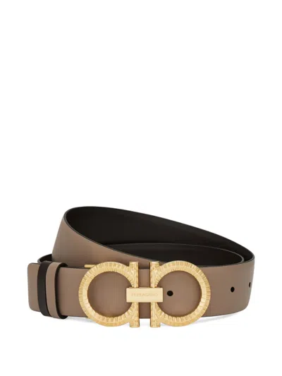 Ferragamo Knurled-gancini Reversible And Adjustable Belt In Brown