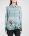 Ferragamo Koi Fish Button-down Blouse In Laguna
