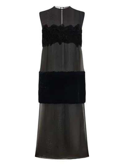Ferragamo Lace-shearling Panel Midi Dress In Gray