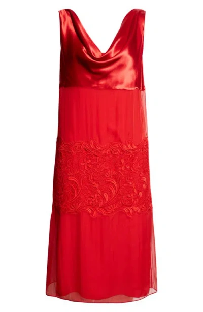 Ferragamo Lace Trim Cowl Neck Satin & Chiffon Shift Dress In Red
