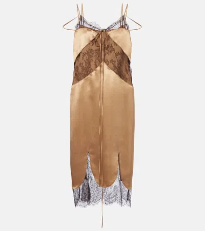 Ferragamo Lace-trimmed Satin Midi Dress In Brown