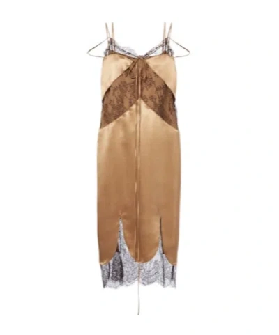 Ferragamo Lace-trimmed Satin Midi Dress In Brown