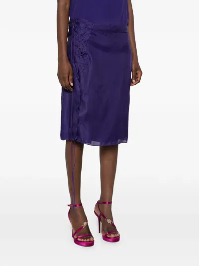 Ferragamo Lace-up Sheer Midi Straight Skirt In Purple