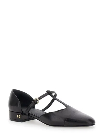 Ferragamo 'lainette' Black Ballet Shoes With T-strap And Round Toe