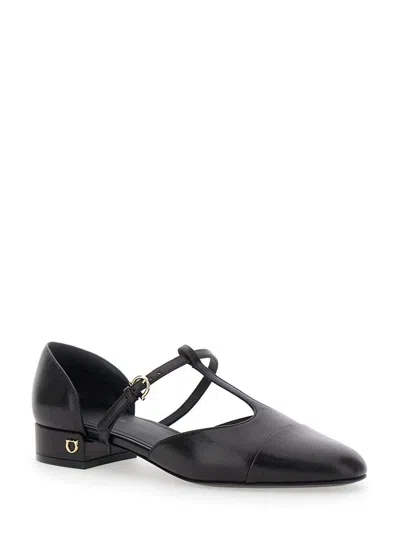 Ferragamo 'lainette' Black Ballet Shoes With T-strap And Round Toe In Leather Woman