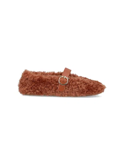 Ferragamo Lamb Fur And Leather Flat Shoes For Women In Brown