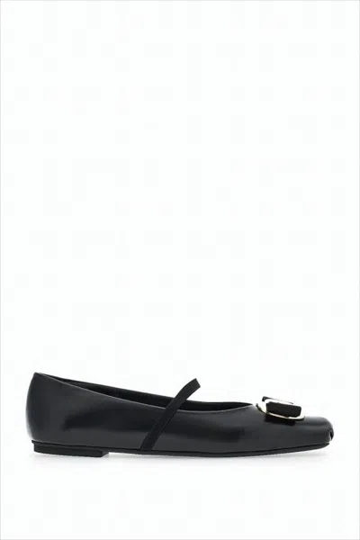 Ferragamo Lambskin Flats With Gold-tone Buckle Detail In White