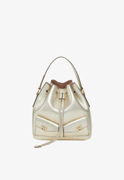 Ferragamo Laminated Leather Bucket Bag In Gold
