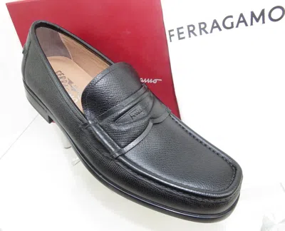 Pre-owned Ferragamo Lanzarote Black Saffiano Pebble Leather Logo Penny Loafers 9 D