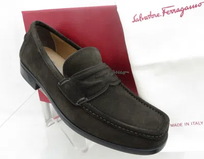 Pre-owned Ferragamo Lanzarote Hickory Brown Suede Moccasin Logo Penny Loafers 10 D