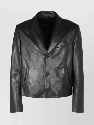 Ferragamo Lapel Collar Leather Jacket With Front Pockets In Black