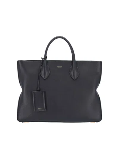 Ferragamo Large Black Calfskin Leather Tote Bag With Removable Keychain
