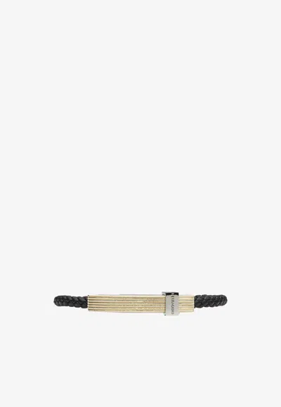 Ferragamo Large Braided Leather Bracelet With Metal Bar In Black
