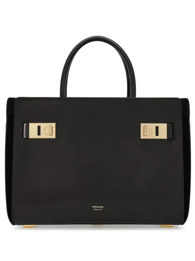 Ferragamo Large Gancini Leather Tote In Black