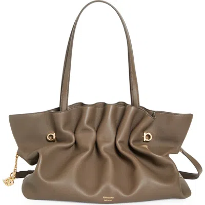 Ferragamo Large Gancio Piercing Soft Leather Shoulder Bag In Concrete
