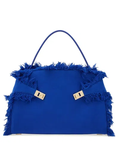 Ferragamo Large Hug Fringe-detail Shoulder Bag In Blue