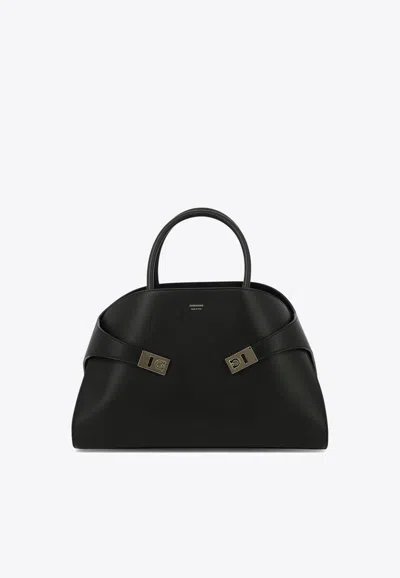 Ferragamo Large Hug Leather Top Handle Bag In Black