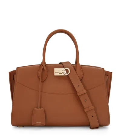 Ferragamo Large Leather New Studio Top-handle Bag In Sand