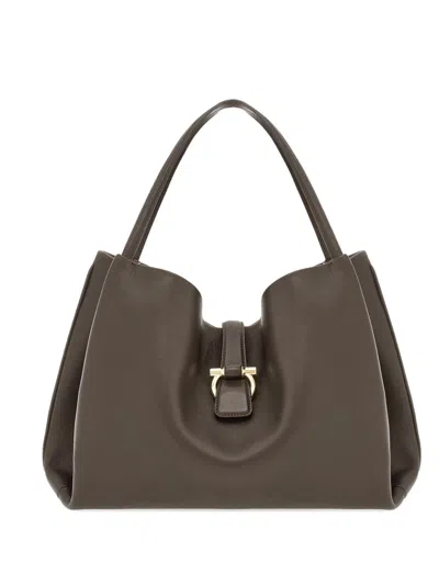 Ferragamo Large Leather Shoulder Bag In Gray