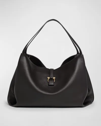 Ferragamo Large Leather Tote Bag In Nero