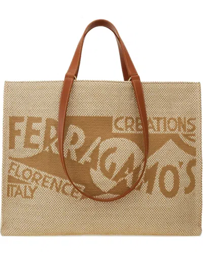 Ferragamo Large Logo-embroidered Tote Bag In Neutral