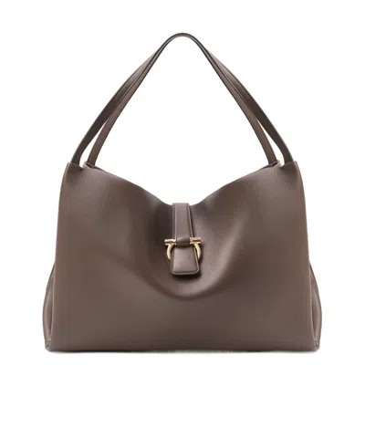 Ferragamo Large Mia Gancini-plaque Leather Tote Bag In Limoges/nero
