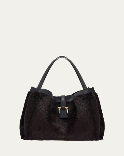 Ferragamo Large Mink-effect Fur & Leather Tote Bag In Testa Di Moro