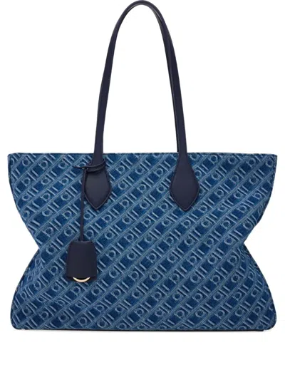 Ferragamo Large Monogram Tote Bag In Blue