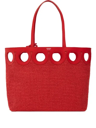 Ferragamo Large Raffia Tote Bag In Red