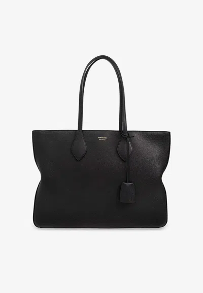 Ferragamo Large Star Hammered Leather Tote Bag In Black