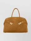 Ferragamo Large Structured Suede Handbag With Top Handles In Brown