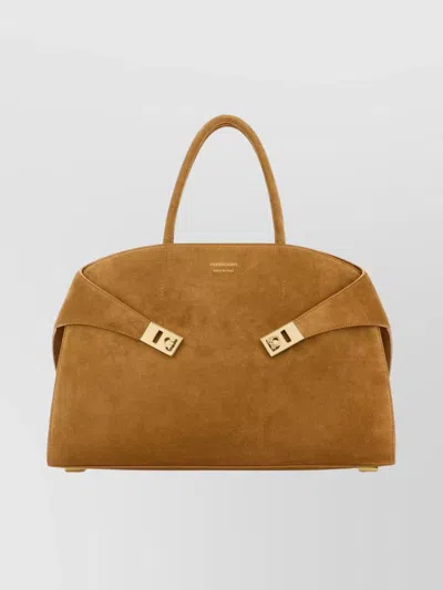 Ferragamo Large Structured Suede Handbag With Top Handles In Brown