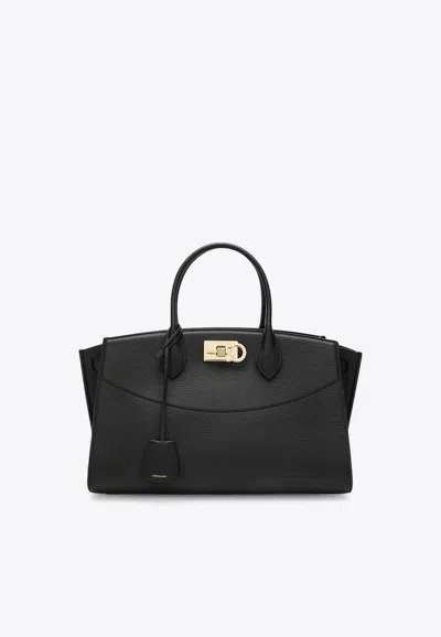 Ferragamo Large Studio Leather Top Handle Bag In Black