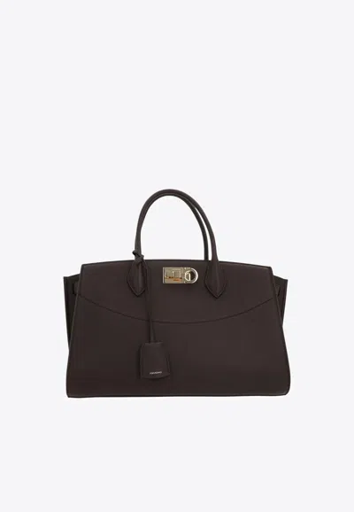 Ferragamo Large Studio Leather Top Handle Bag In Brown
