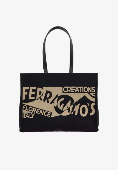 Ferragamo Large Tt Sign Denim Tote Bag In Black