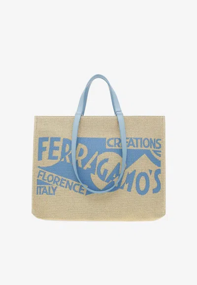 Ferragamo Large Tt Sign Woven Raffia Tote Bag In Natural