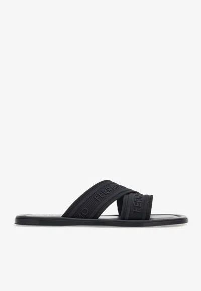 Ferragamo Logo-print Slip-on Style Slides In Black