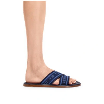 Ferragamo Laurene Logo Embroidered Slides In Blue