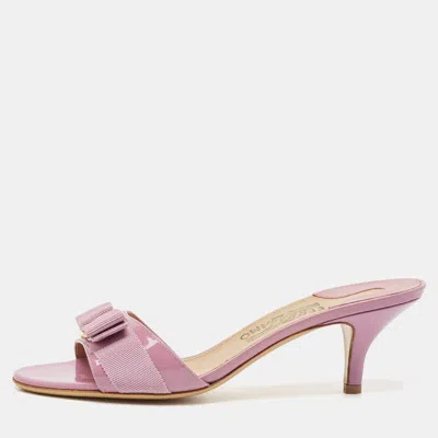 Pre-owned Ferragamo Lavender Patent Leather Vara Bow Slide Sandals Size 38 In Purple